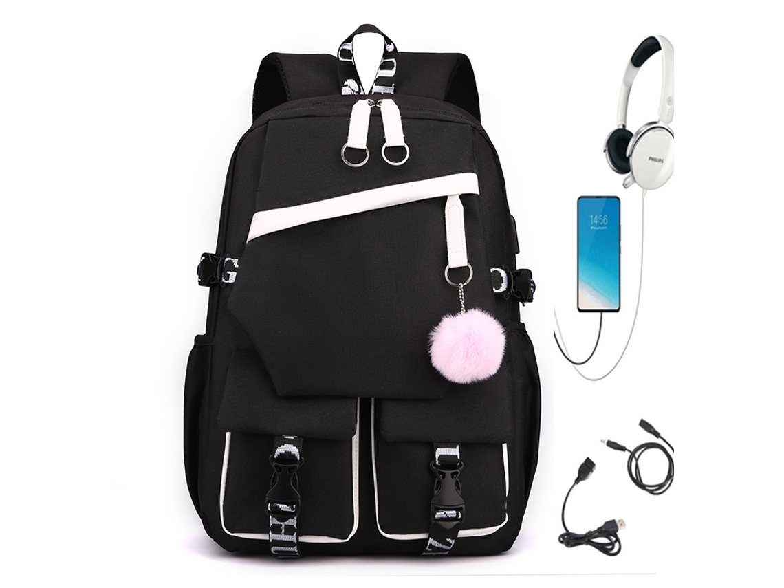 Mochila escolar sencilla para estudiantes, blanca y negra, sin cable de datos.