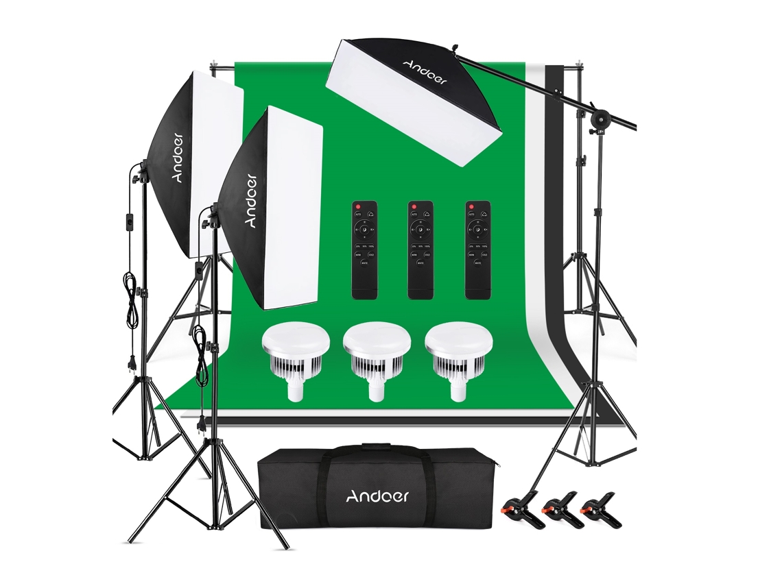 Fondos de estudio ANDOER LED y kit de iluminación 3 softboxes bicolor con controles
