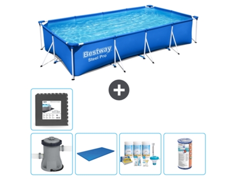 Piscina BESTWAY Rectangular Steel Pro - 400 x 211 x 81 cm - Azul - Bomba incluida Cubrir - Paquete de mantenimiento - Filtrar - Baldosas