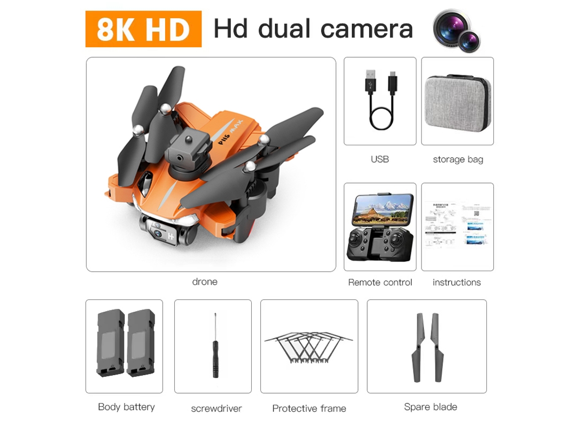 Dron plegable P11S con cámara dual de 8K Evitación de obstáculos de 360 (2 baterías - Duración de la batería: 20 min - Naranja)