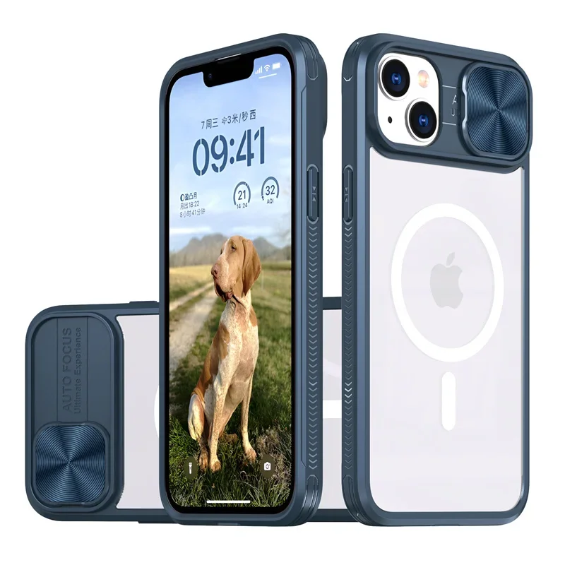 (iphone 7, Azul) Funda Protectora Magnética Magsafe Con Carga Inalámbrica Y Cubierta Deslizante De Acrílico Para La Lente.