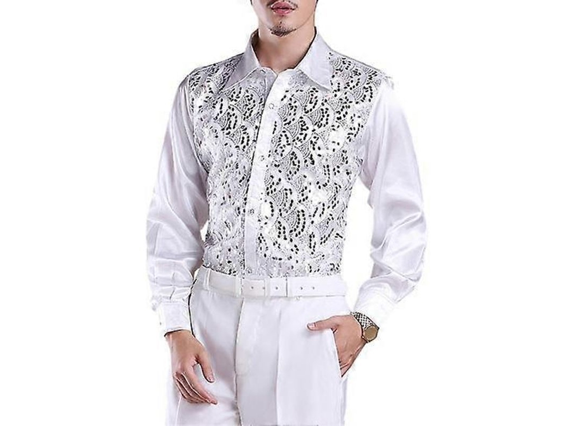 Camisa De Lujo Para Hombre Con Lentejuelas Cuello De Pico Manga Larga Slim Fit Formal Para Bodas Y Escenario Blanco M
