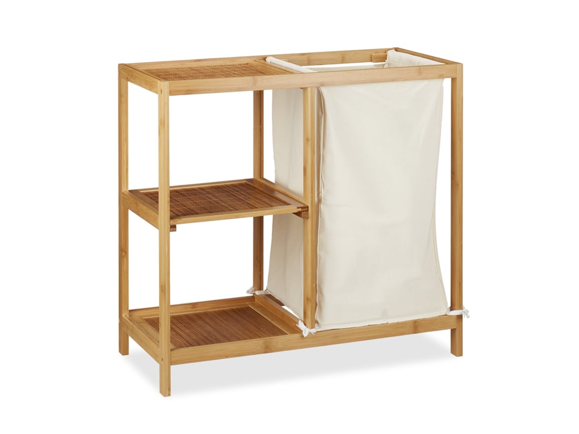 Relaxdays Prateleira De Banheiro Com Cesto, 3 Prateleiras, Saco Removível, Bambu, Axlxp 65x68x33 Cm, Natural