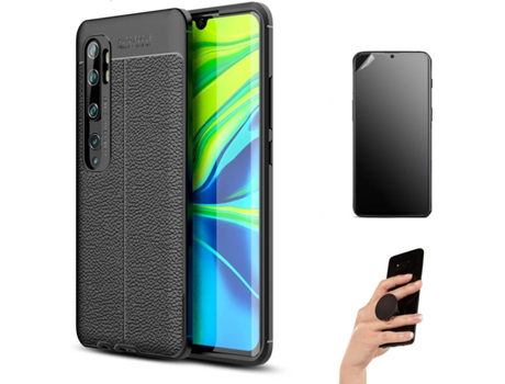 Kit Carcasa y Protector Xiaomi Mi Note 10 Pro Ultimatte Rugged Leather Popsocket Negro