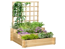Macetero elevado de tres niveles con enrejado, estructura de madera ideal para plantas trepadoras, hortalizas y flores.