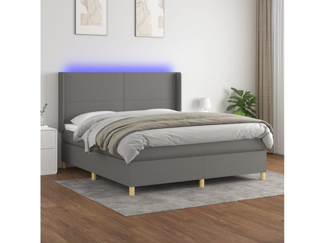Cama Box Spring Colchón Y Luces Led Tela Gris Oscuro 160x200 Cm