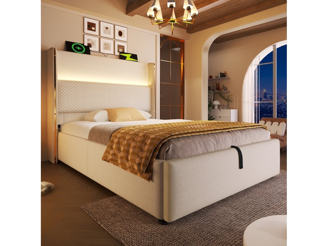 Cama Hidráulica Individual 90x200 Cm - Cabecero Alto, Almacenamiento, Led, Puertos Usb/type-c - Beige