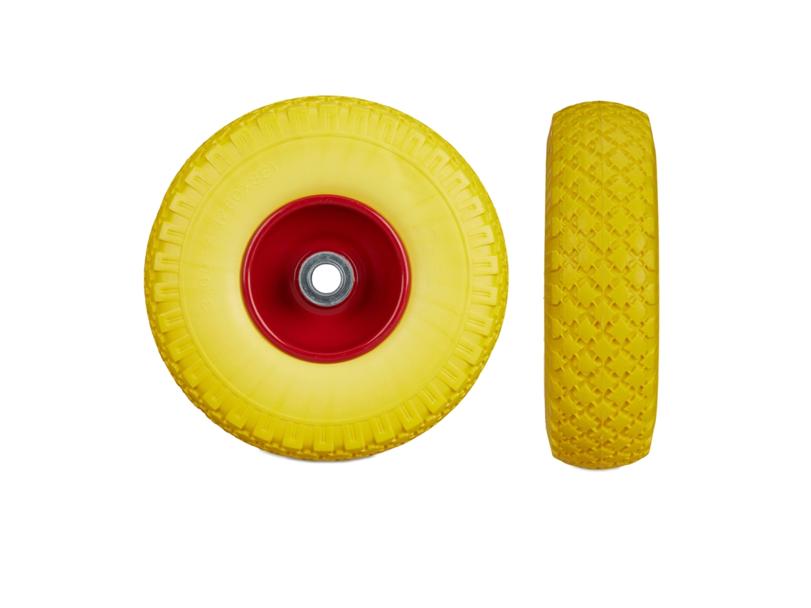 Relaxdays 2x Roda De Carrinho, Pneus Maciços À Prova De Furos, Jante De Aço 3,00-4'', Eixo 20 Mm, 100kg, Amarelo-vermelho
