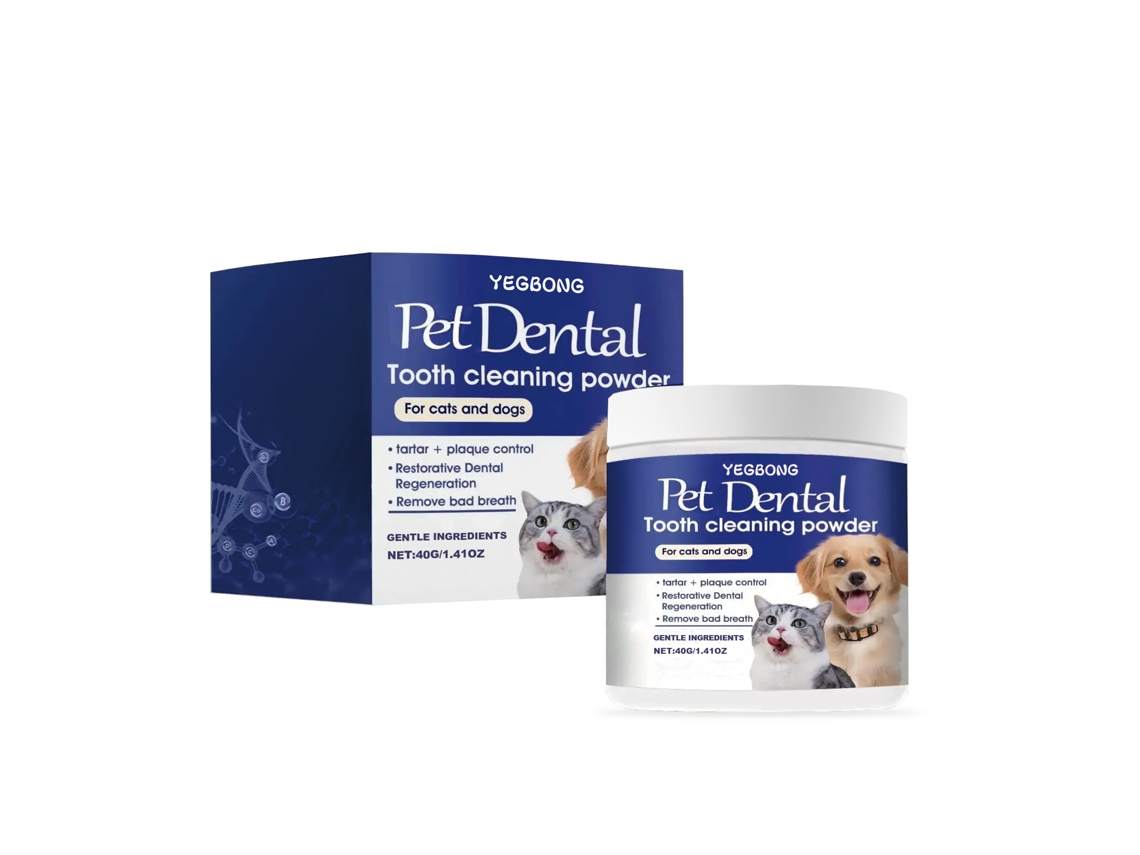 Polvo limpiador dental para mascotas: elimina manchas y caries y refresca el aliento.