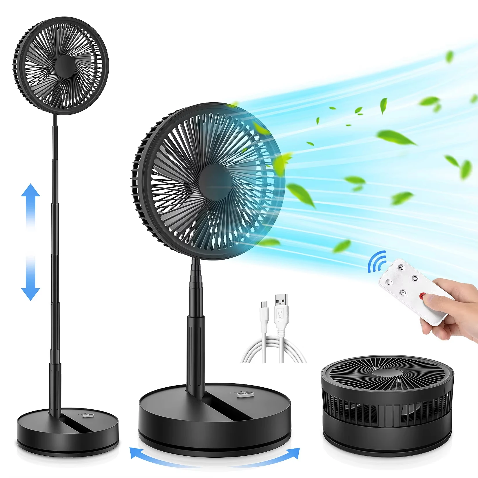 Ventilador De Pie Oscilante Portátil (negro) Con Control Remoto, Ventilador De Escritorio Plegable, Recargable.