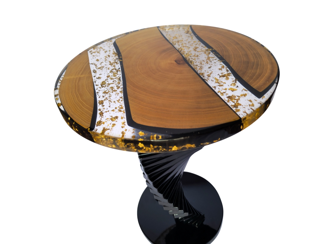 Mesa auxiliar Domus Imperium en oro negro, diseño moderno, transparente y elegante.