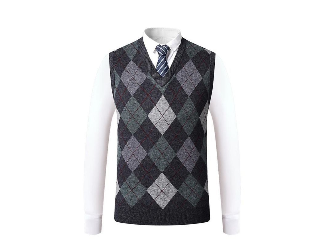 Chaleco de lana Rebe para hombre, sin mangas, cuello en V, corte ajustado, estilo clásico, estampado de rombos, talla XL, gris oscuro.