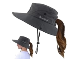 Sombrero de pescador para mujer con ala ancha y coleta, protección UV, plegable, ideal para el verano y la pesca.