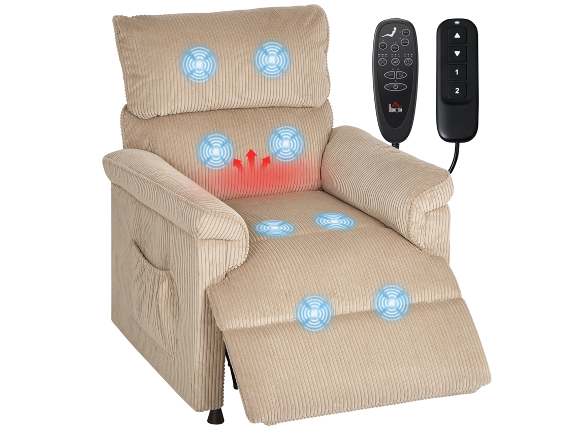 Sillón reclinable eléctrico con masaje y calefacción, terciopelo de pana, marrón.