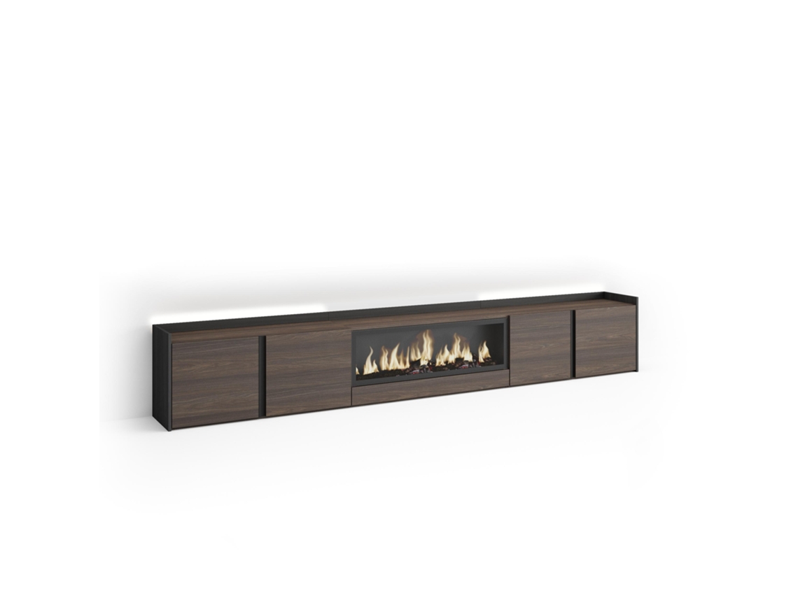 Mueble para TV, 315x35x50cm, para televisores de hasta 80'', chimenea eléctrica XXL, LED, roble oscuro y negro.