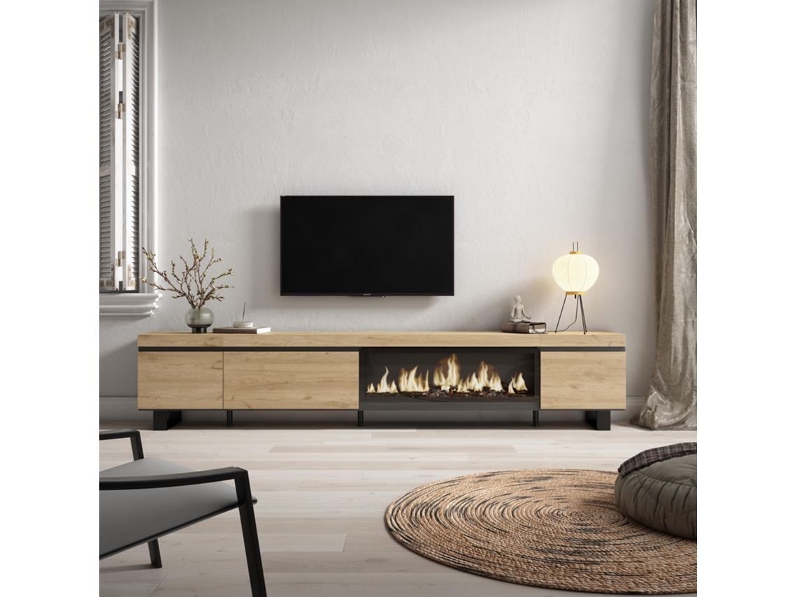 Mueble TV, Televisión, 288x57x35 cm, Para TV gran formato, Chimenea eléctrica XXL, Diseño industrial, Roble SKRAUT HOME