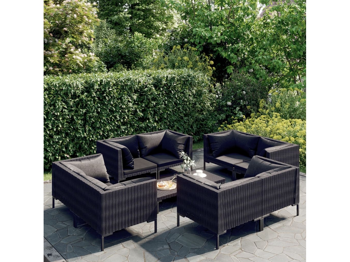 Conjunto de jardín de 9 piezas con cojines de mimbre gris oscuro de DKD Home Decor