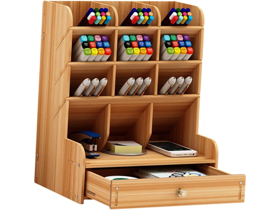 Caja De Almacenamiento De Bolígrafos De Madera De Cerezo, Portalápices Multicompartimento, Estante