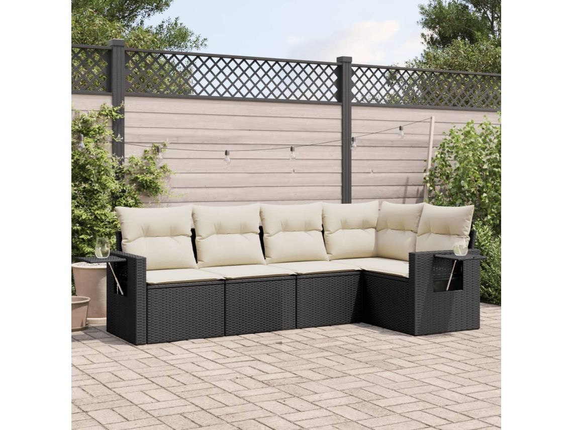 Conjunto de sofá de jardín de 5 piezas con cojines de mimbre sintético negro, Dkd Home Decor