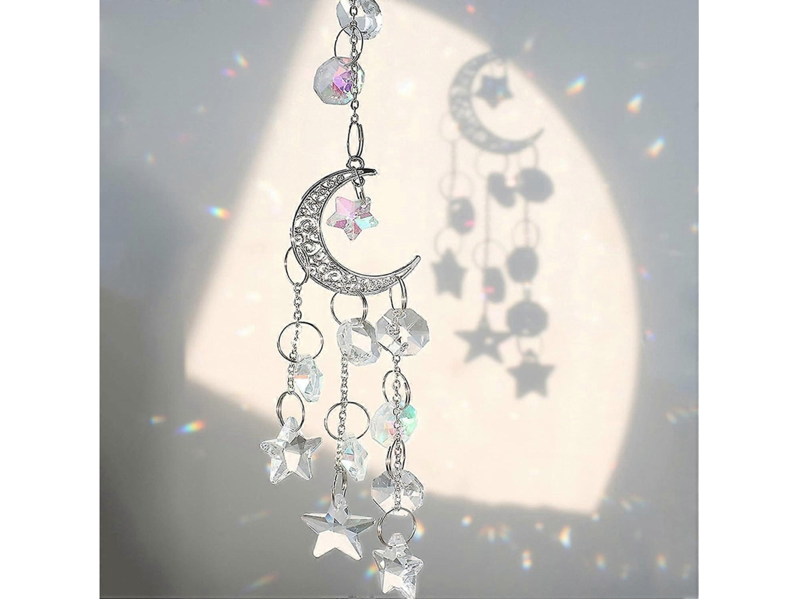 Atrapasol colgante de cristal arcoíris con luna y estrellas para decoración de jardín exterior.