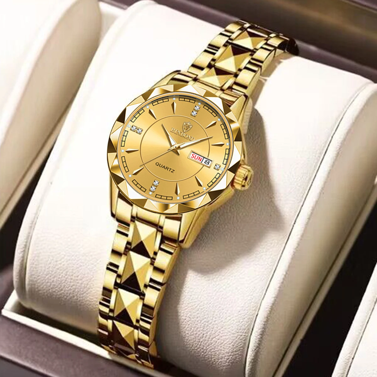 Reloj De Mujer (esfera Dorada), Resistente Al Agua, Luminoso, Con Indicador De Fecha, De Acero Inoxidable.