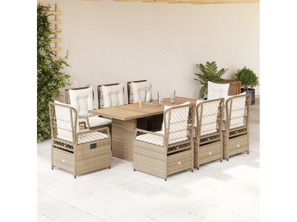 Juego de comedor de jardín de 9 piezas con cojines, mimbre sintético beige, DKD Home Decor