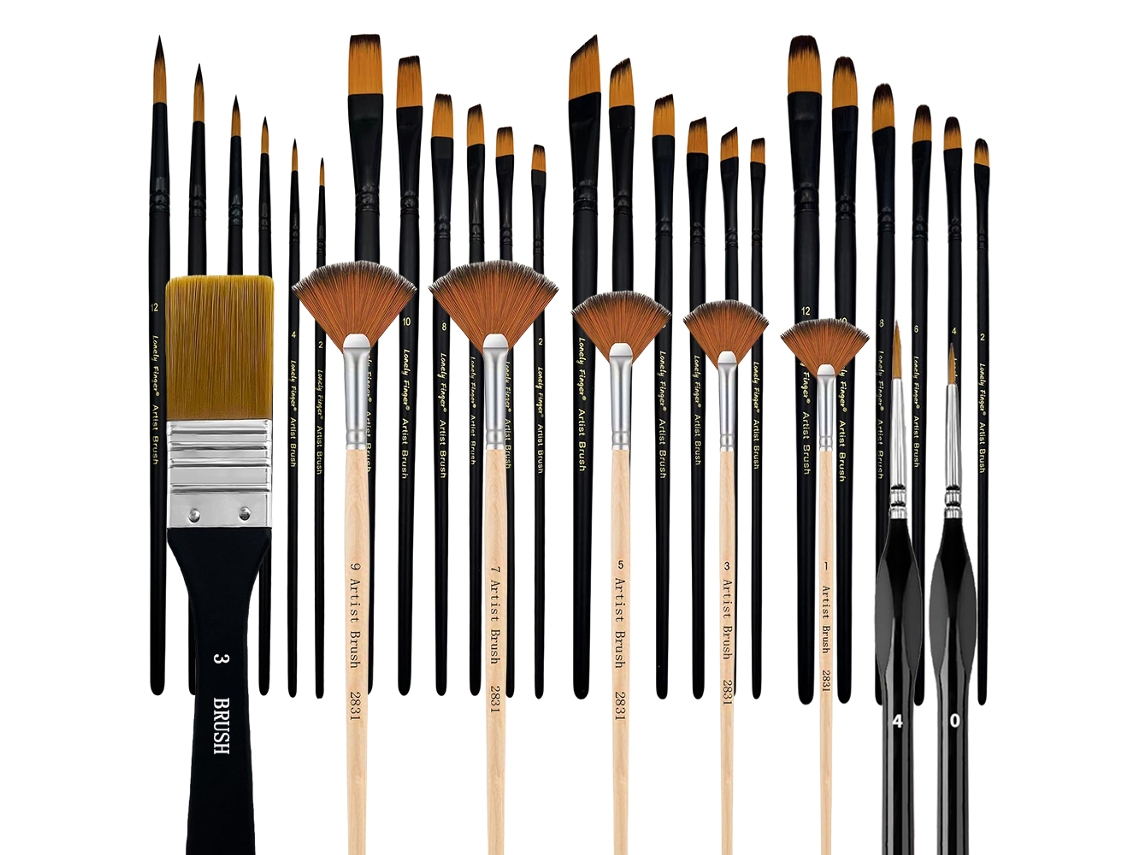 (negro) Juego De Pinceles De Artista De 32 Piezas, Que Incluye Pinceles Redondos, Planos, Angulares Y De Detalle Con Cerdas De Nailon.