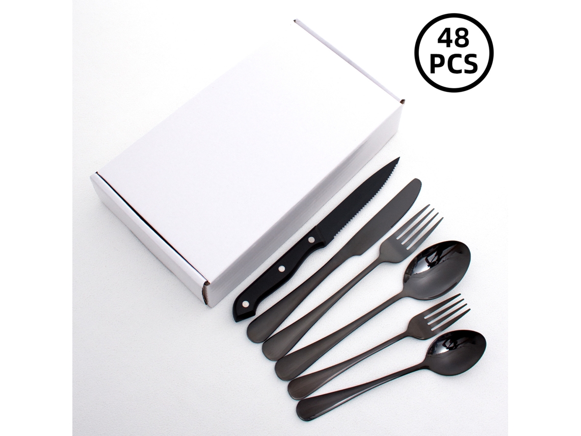 (juego De 48 Piezas - Negro) Juego De Cubiertos De Acero Inoxidable Con Cubiertos, Cuchillos, Tenedores Y Cucharas.