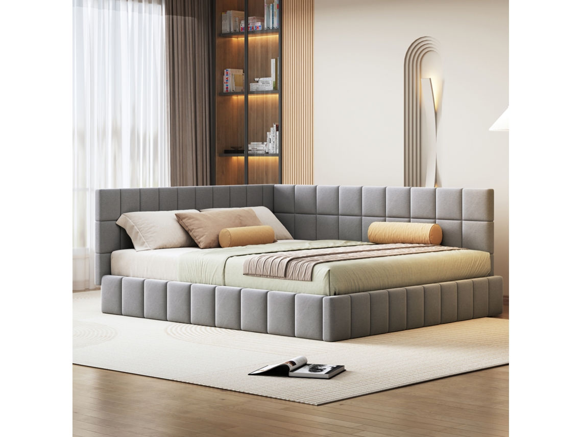 Cama De Terciopelo Gris De 160x200 Con Somier De Láminas Y Diseño Multifuncional.
