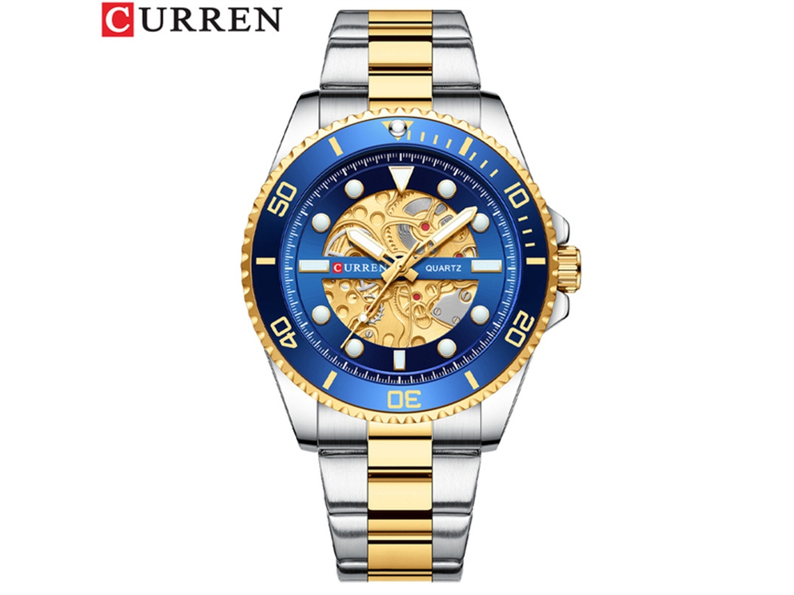 Reloj Casual Para Hombre (azul), Estilo Mecánico, Con Mecanismo De Cuarzo Esqueletizado, Correa De Acero Y Acabado Luminoso.