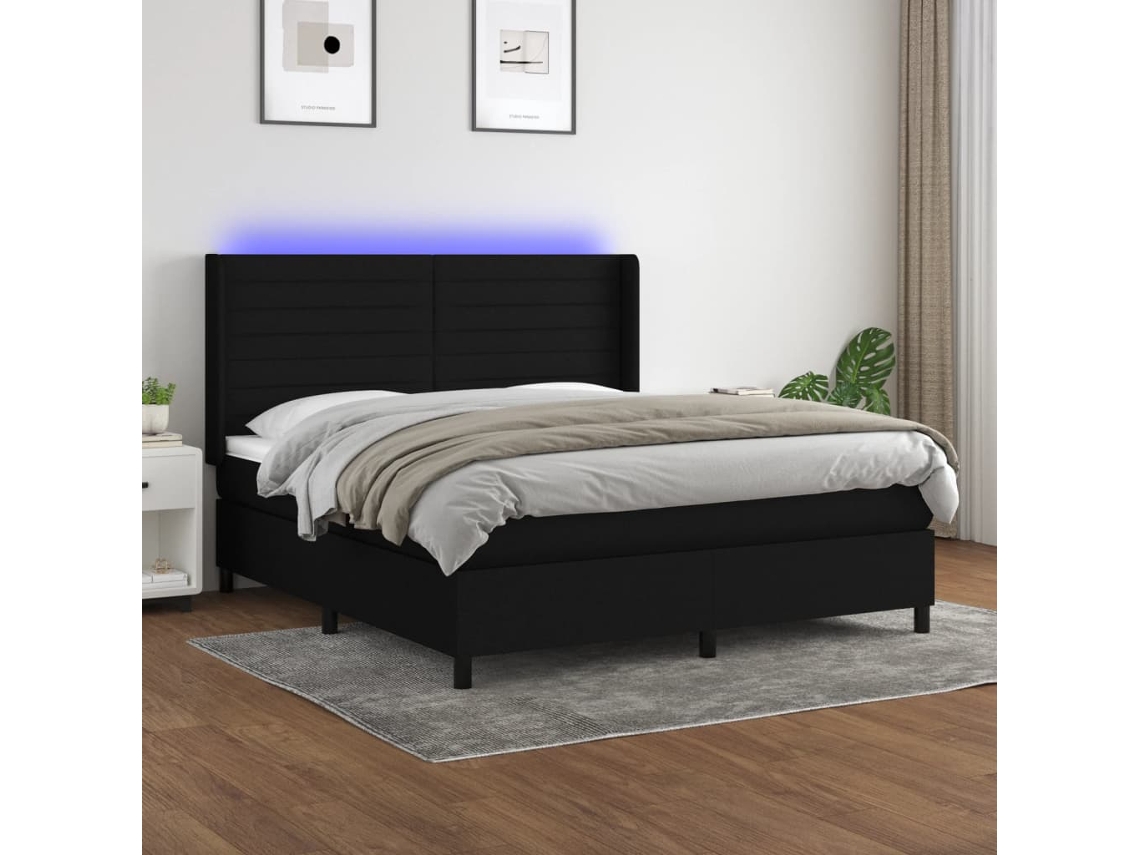 Cama Box Spring Colchón Y Luces Led Tela Negro 160x200 Cm