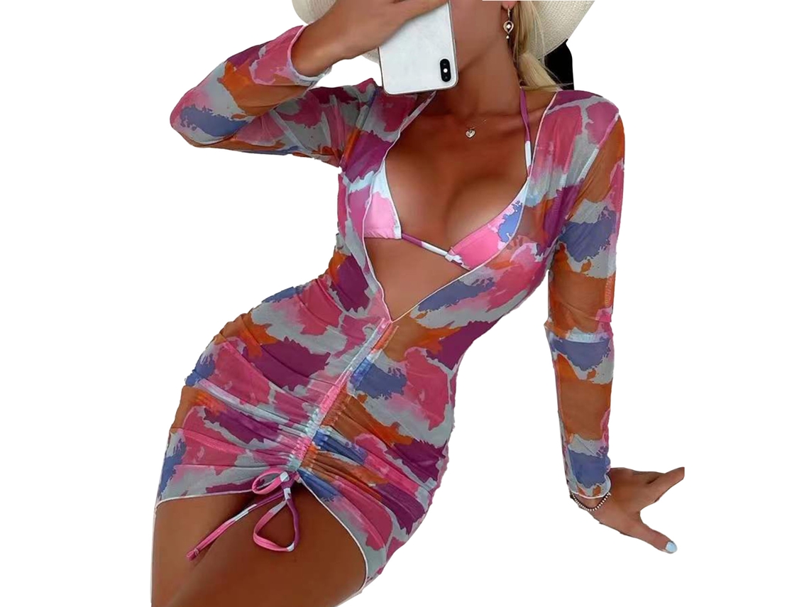 Elegante conjunto de bikini de playa de 2 piezas con mangas largas y malla transparente.