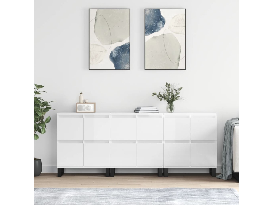 Pack 3 Uds Aparador | Mueble De Comedor | Buffetes Madera Contrachapada Blanco Brillo Wsd765088