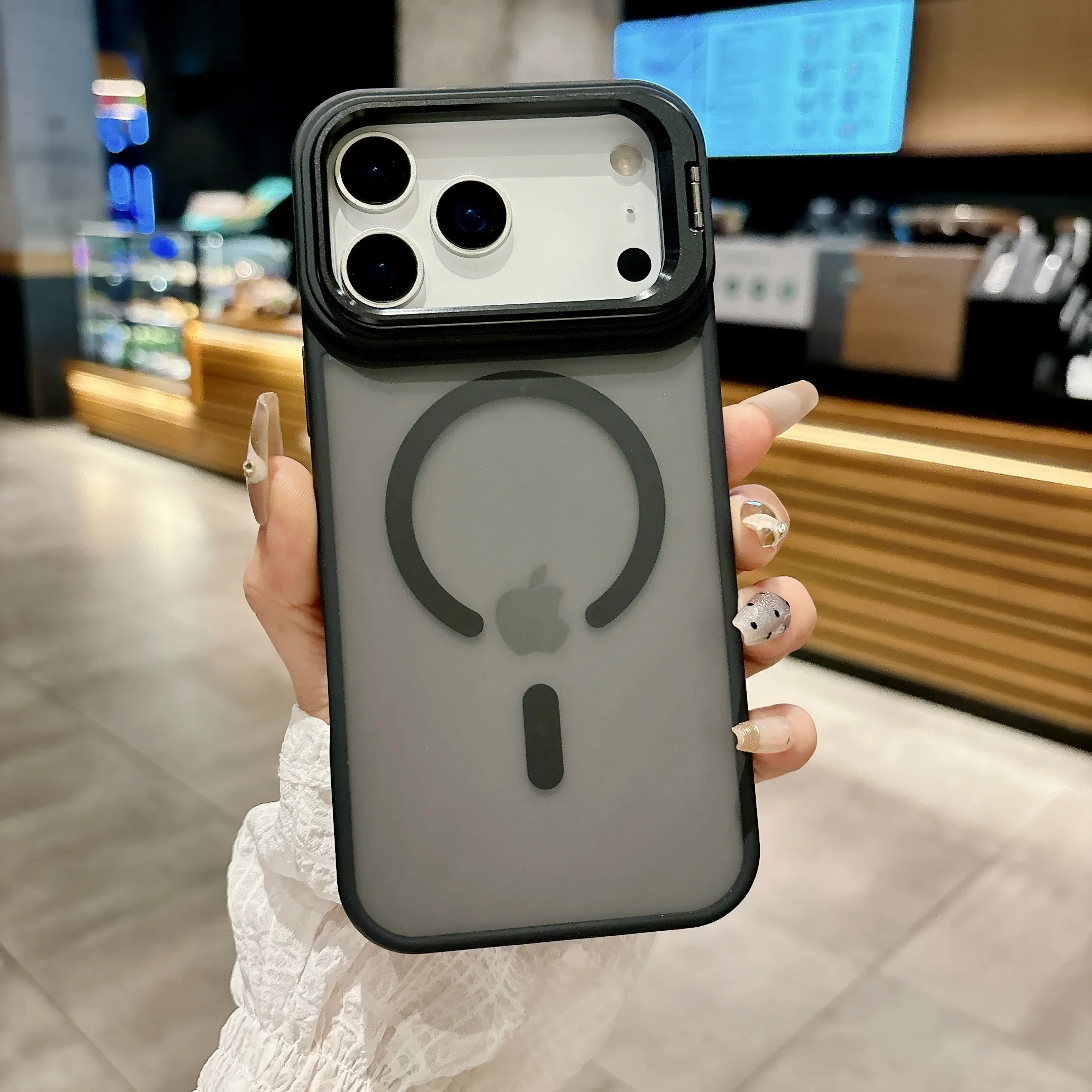 (iphone 17 Pro, Negro) Funda Protectora Magnética Translúcida Mate Para Iphone Con Soporte Metálico Y Compatibilidad Con Magsafe.