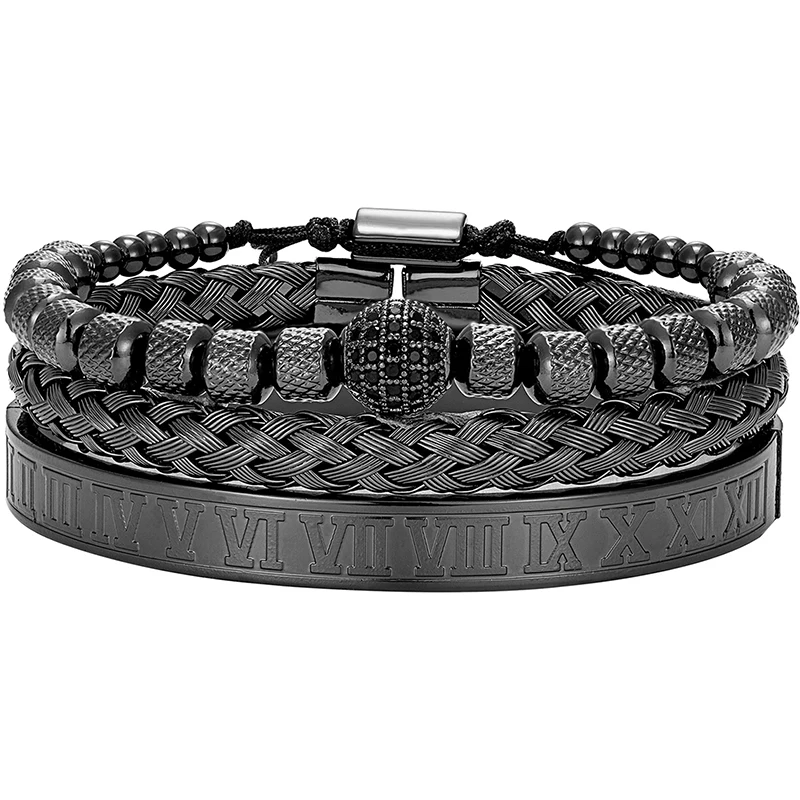 Pulsera De Acero Inoxidable Con Circonitas Y Diseño Geométrico (negra) Estilo Romano Real