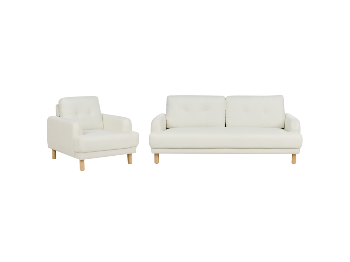 Conjunto de Sofá y Sillón Tapizados con Patas de Madera BELIANI Tuve de Poliéster Blanco 288X90X85