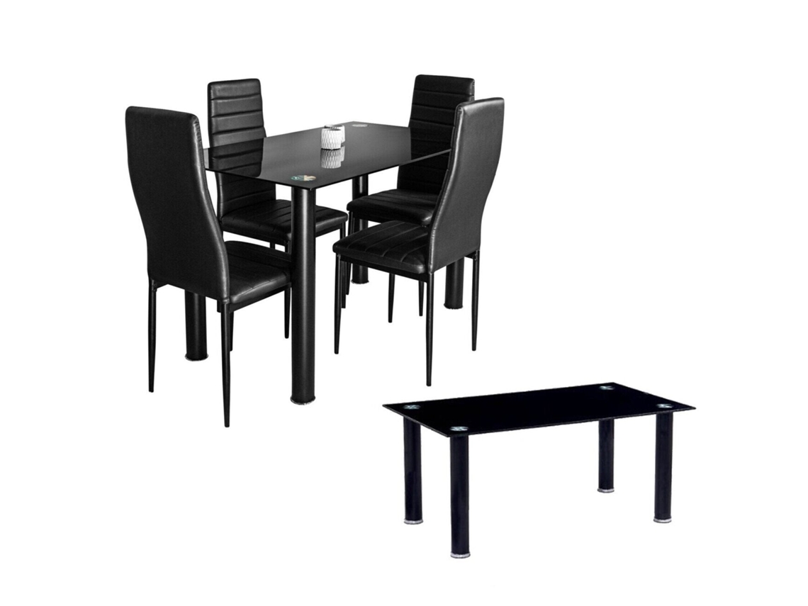 Pack Elegance: Mesa de Cristal Templado 4 Sillas Polipiel Mesa de Centro de Cristal Templado Negro SALDOSYSTOCKS