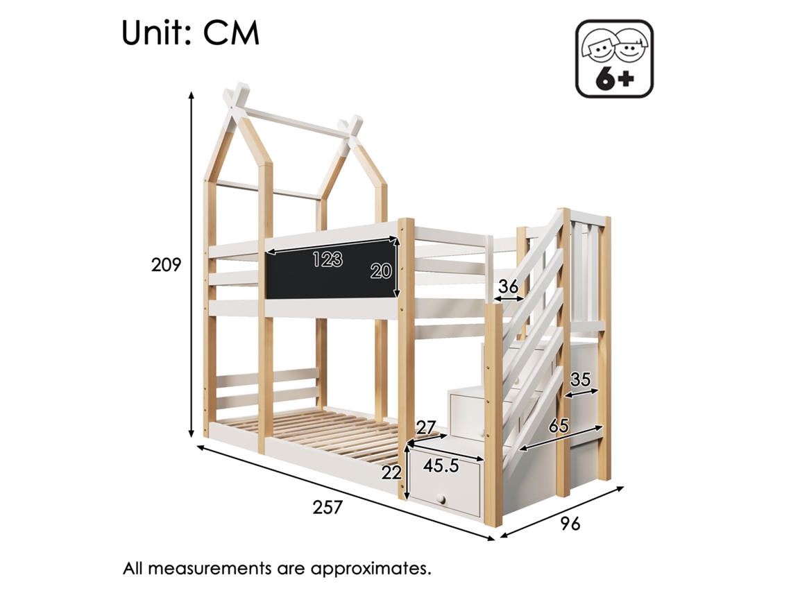 Cama infantil 90x200, incluye estructura negra, con espacio de almacenaje y protección antirrotura (ni siquiera el colchón).