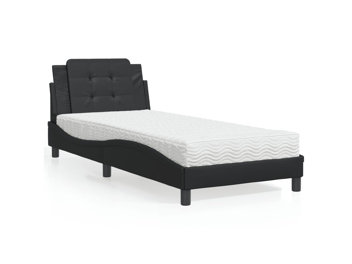 Cama Con Colchón Cuero Sintético Negro 90x190 Cm