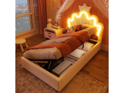 Cama 90x200 Cm, Litera Princesa Con Led, Cabecero Ajustable, Almacenamiento Hidráulico, Pu, Sin Colchón, Blanco