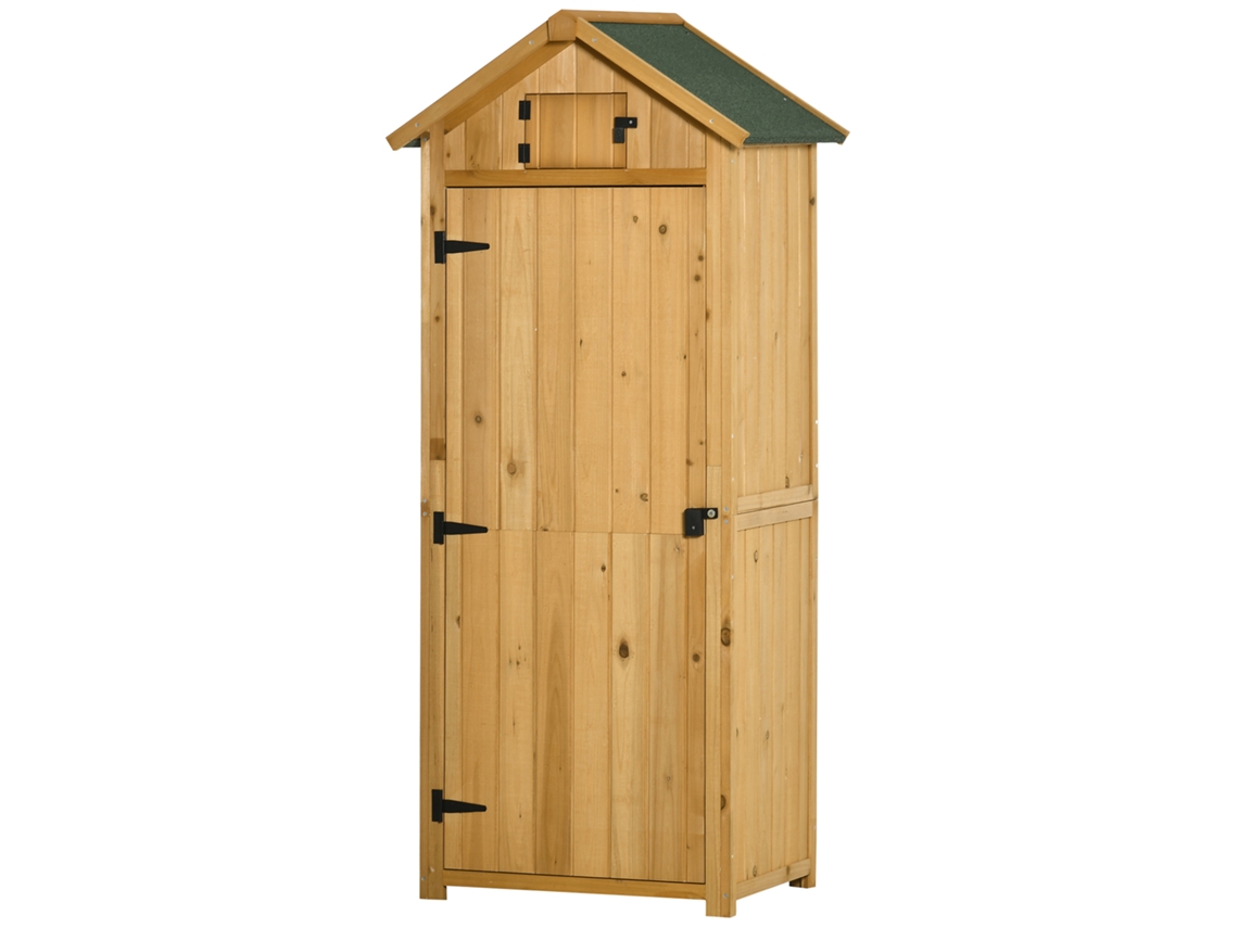 Caseta de jardín de madera con 3 estantes, puertas, cerradura, techo de asfalto, 77x54x179cm, amarilla