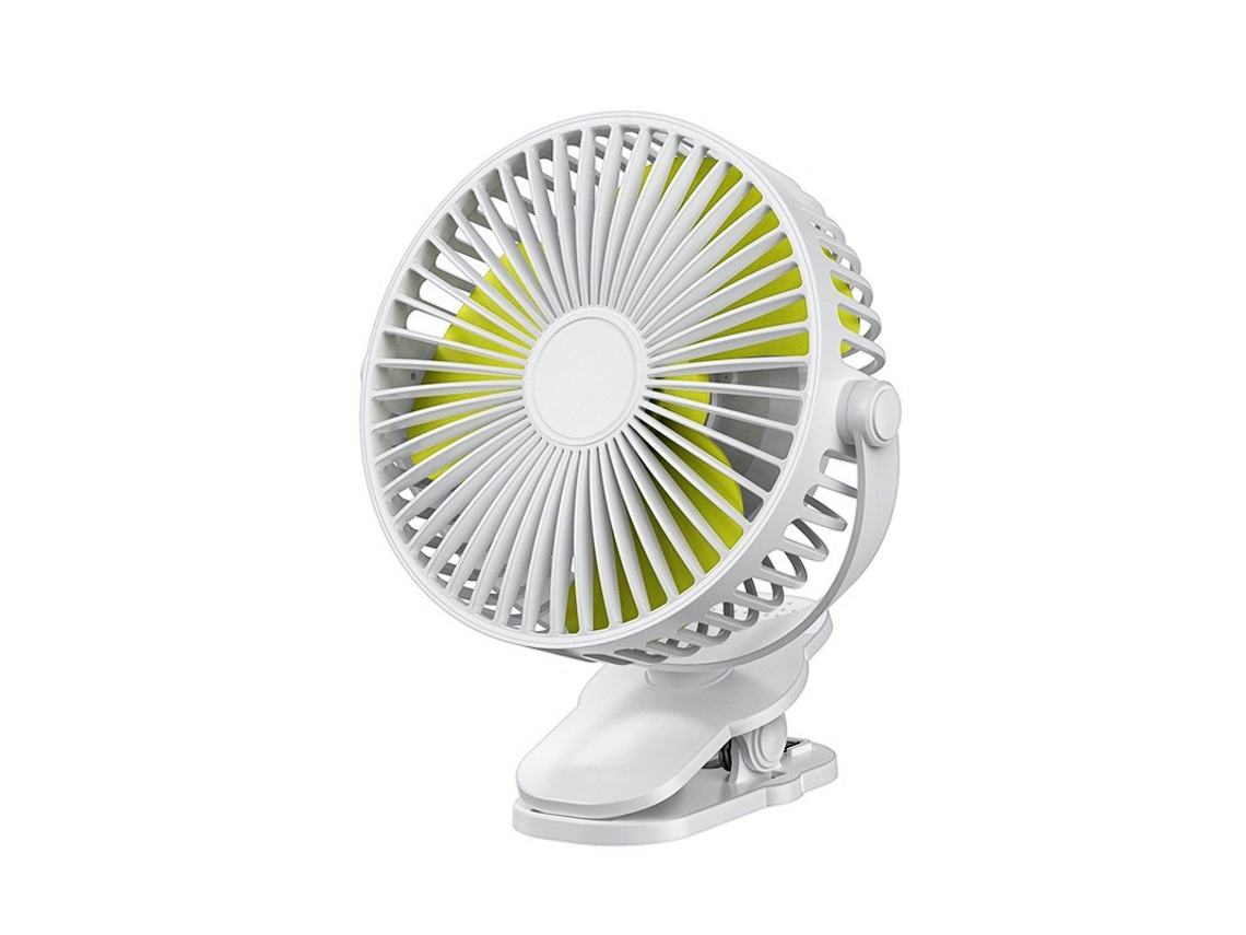 Ventilador portátil con clip, a batería, giratorio 360°, 3 velocidades, color blanco