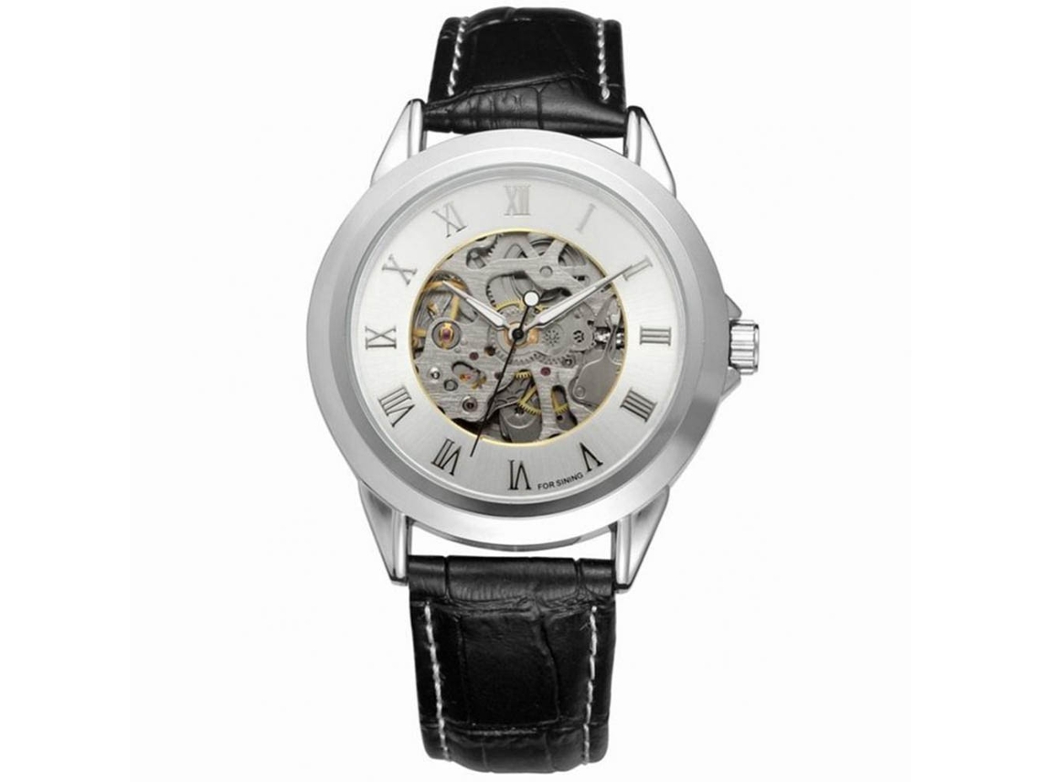 Reloj Hombre Mecánico Automático De Cuero Con Diseño Hueco Forsinging Plata Blanca