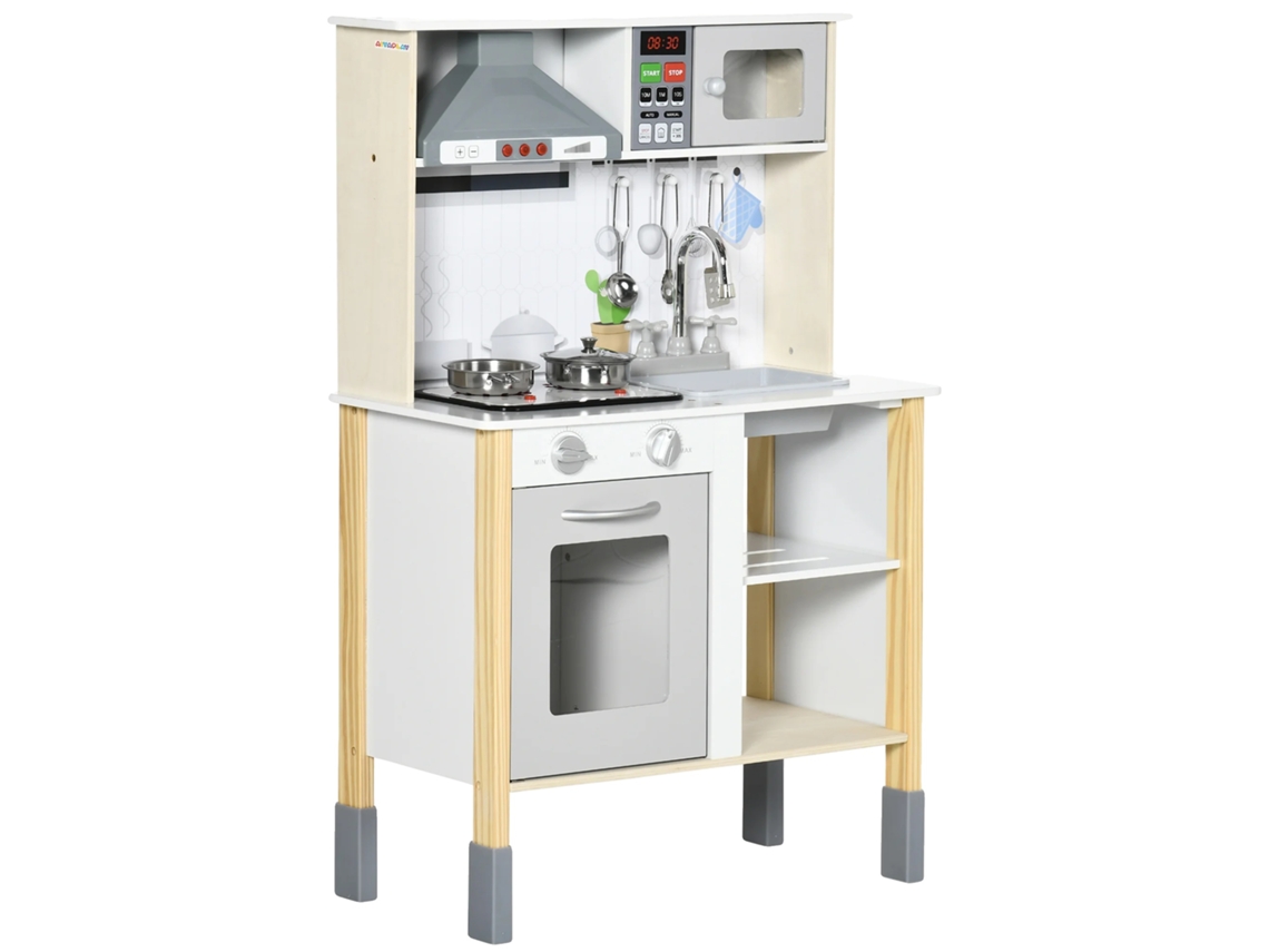 Juego de cocina de madera, funciones interactivas, diseño ajustable, blanco.