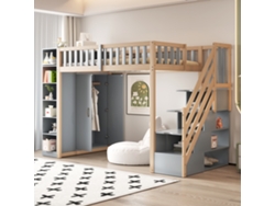 Cama Alta Multifuncional 90x200 cm con Estantes, Armario y Escalera de Seguridad, Muebles de Madera Natural Gris