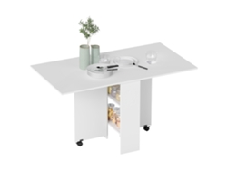 Mesa de comedor plegable para cocina con ruedas, 2 estantes, madera blanca.