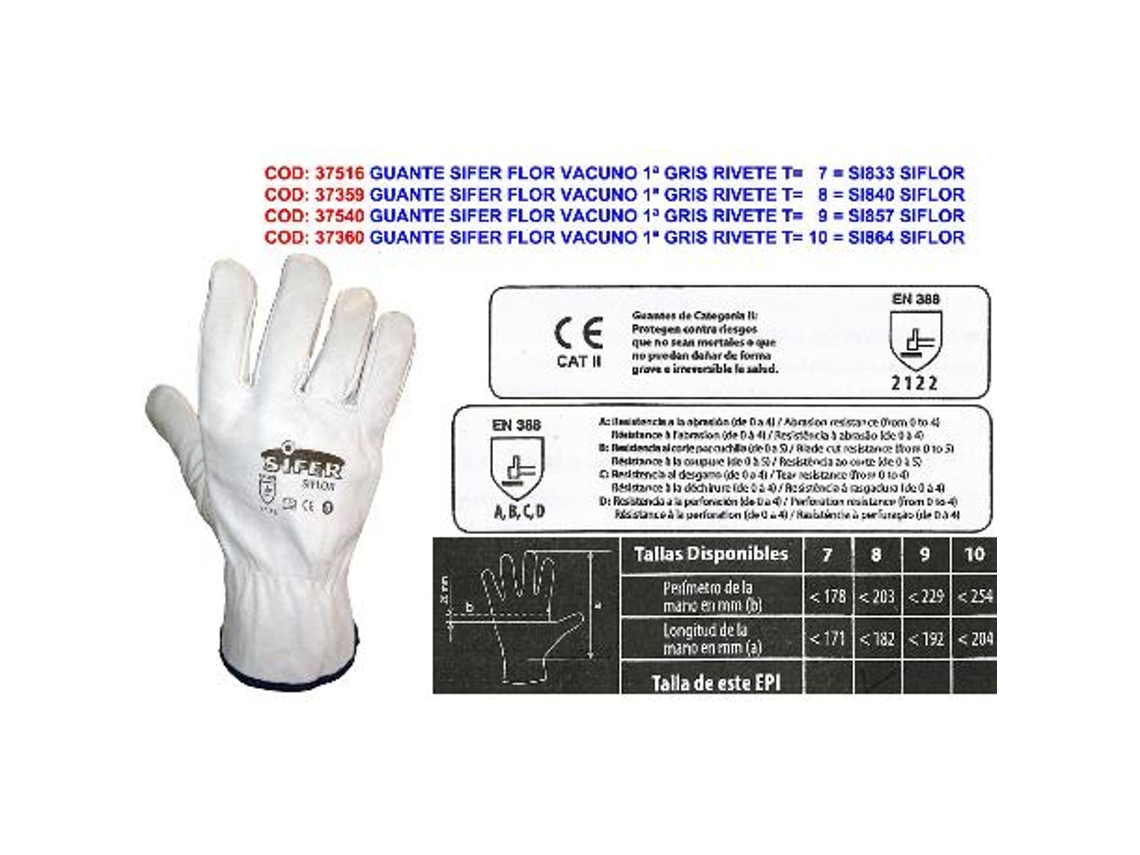 Guante sifer flor vacuno 1ª gris rivete t    7 si833 siflor (caja 12 unidades)