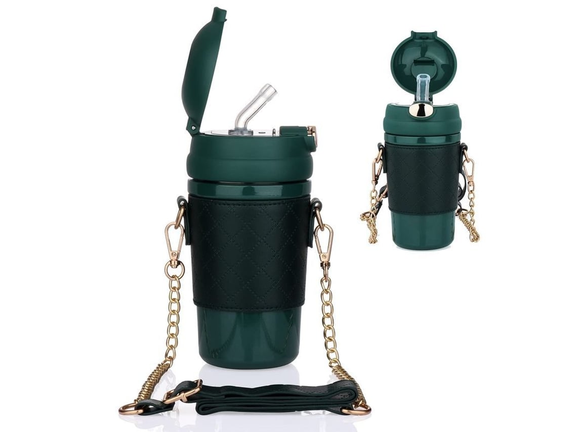 Garrafa de aço inoxidável 2026 com alça e capa protetora, 480ml, com canudo, isolamento a vácuo, à prova de vazamentos, verde.