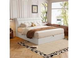 Cama Tapizada De 140x190 Cm, Con Elevación Hidráulica, En Pu, Con Cabecera Con Almacenamiento, Cajón, Base De Lamas, Sin Colchón, Color Blanco