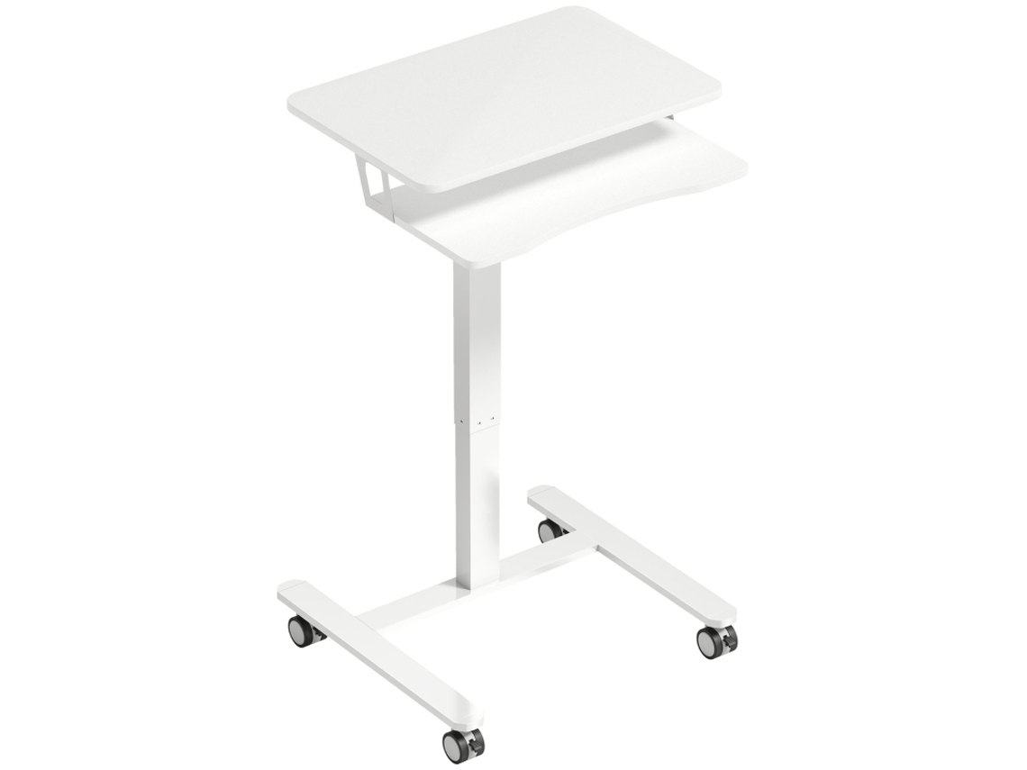 Escritorio De Altura Regulable Para Trabajar Sentado O De Pie, Bandeja Para Teclado, Ruedas, Acero, Color Blanco.